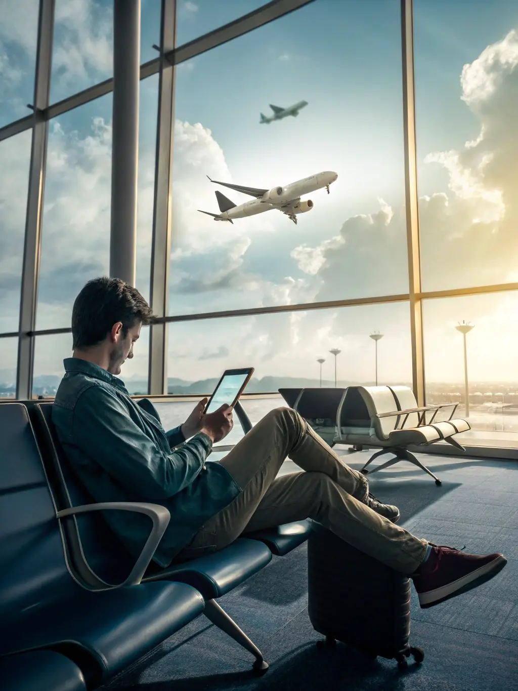 A visually appealing image showcasing a modern airport lounge with guests enjoying personalized services, facilitated by CaelusIQ's data-driven insights.